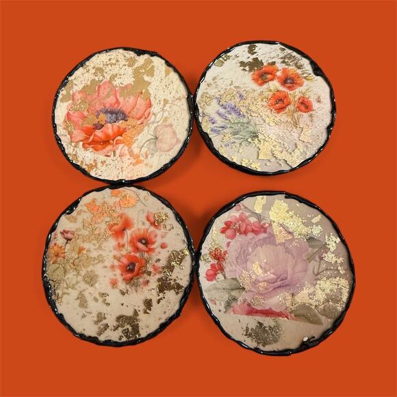Unique handmade floral gold flake coasters - Picture 1 of 6